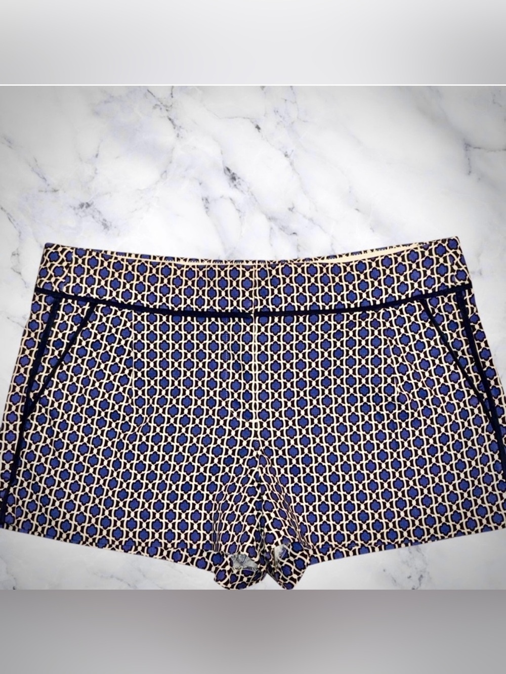 J Crew Geometric Clover Shorts 12 Blue White Preppy Coastal Stretch Cotton 3"